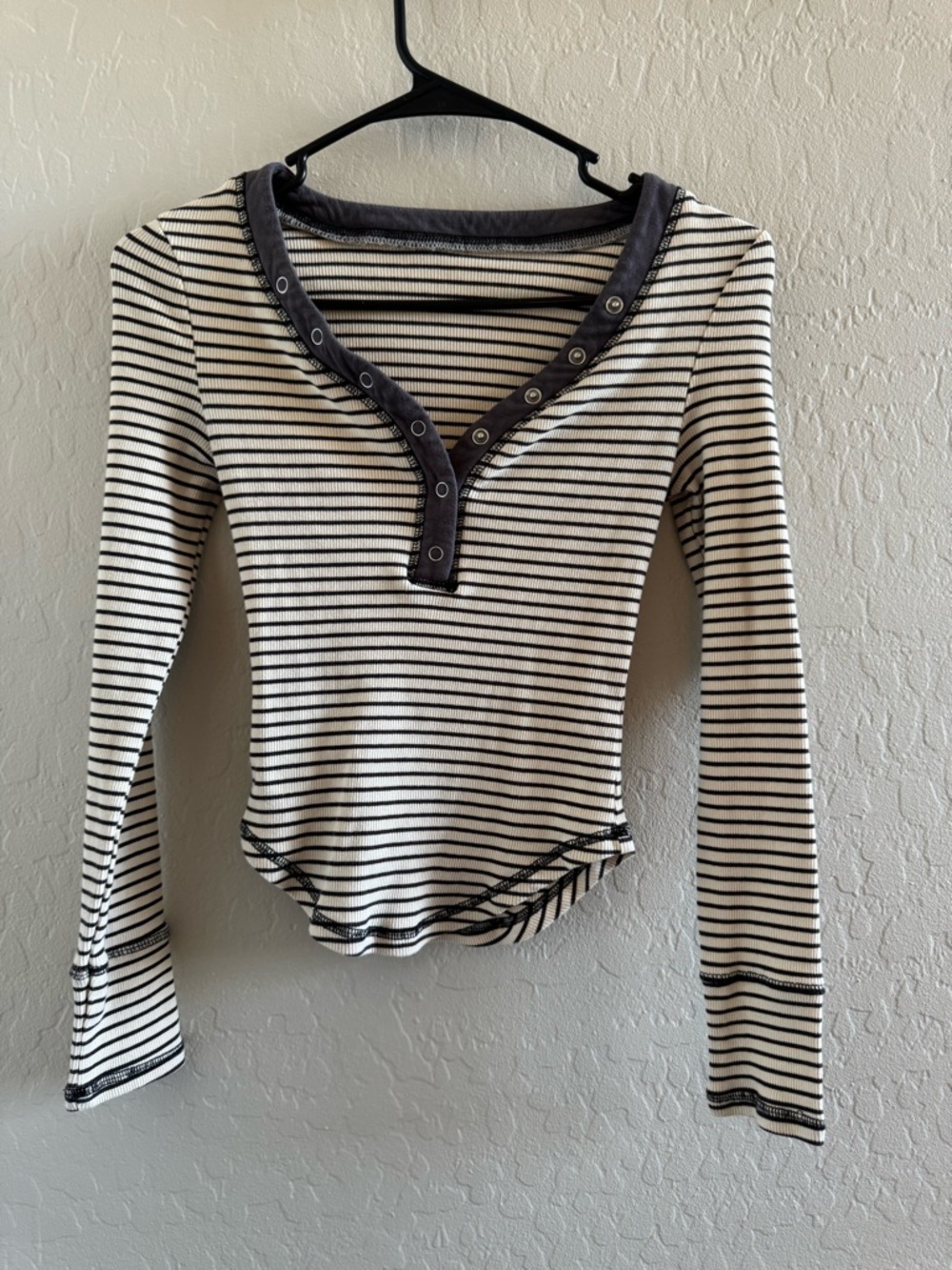 Free People Black & White Striped Henley Long Sleeve Top